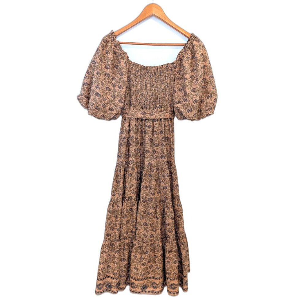 A Loves A | Golden Oat Brown Floral Puff Sleeve Boho Midi Dress | Size	Small - Picture 5 of 10